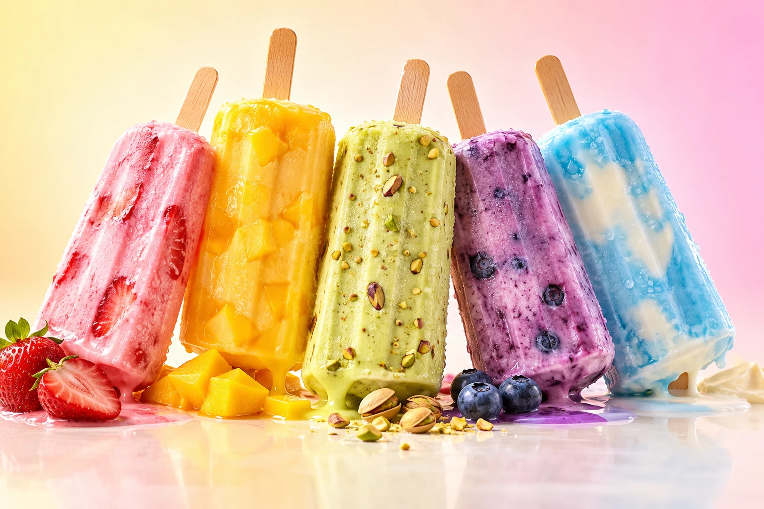 Colourful popsicles with fruit and nut flavours